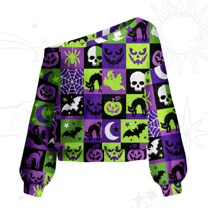 Purplehecate Spooky Patchwork Hallowee One Shoulder Sweaters