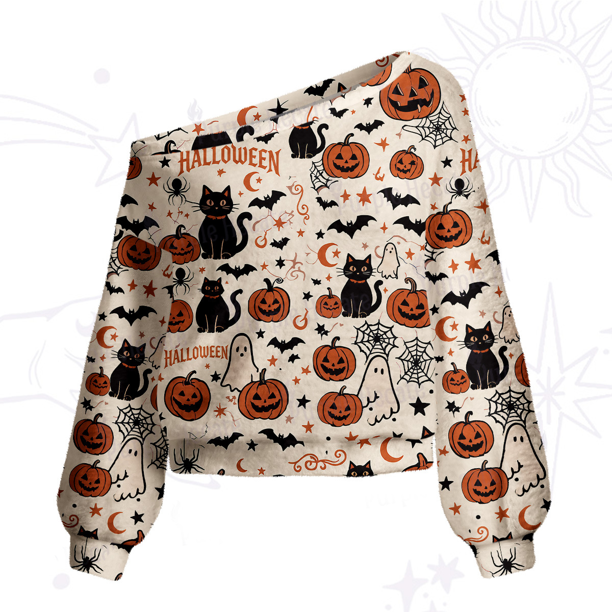 Purplehecate Halloween Ghost Black Cat One Shoulder Sweaters