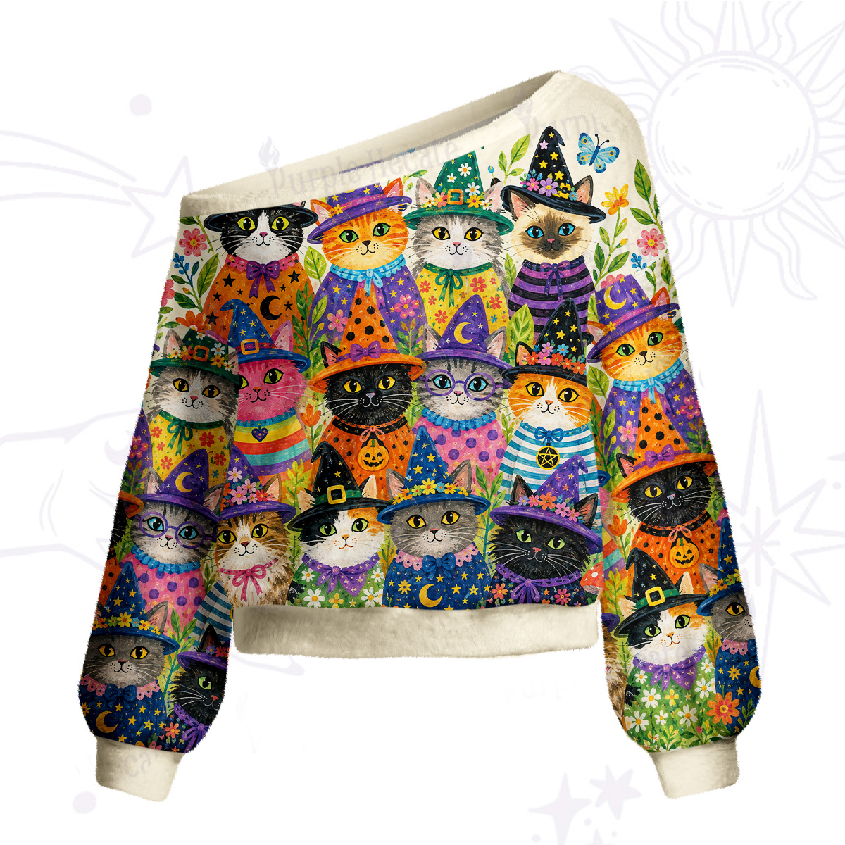 Purplehecate Witchy Meow-Meow Gathering One Shoulder Sweaters