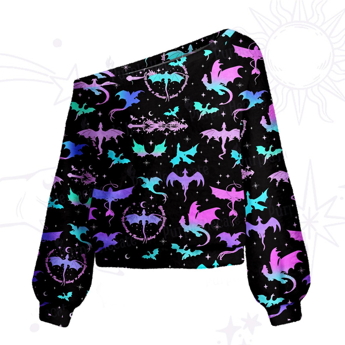 Purplehecate Neon Fantasy Dragon Allover One Shoulder Sweaters