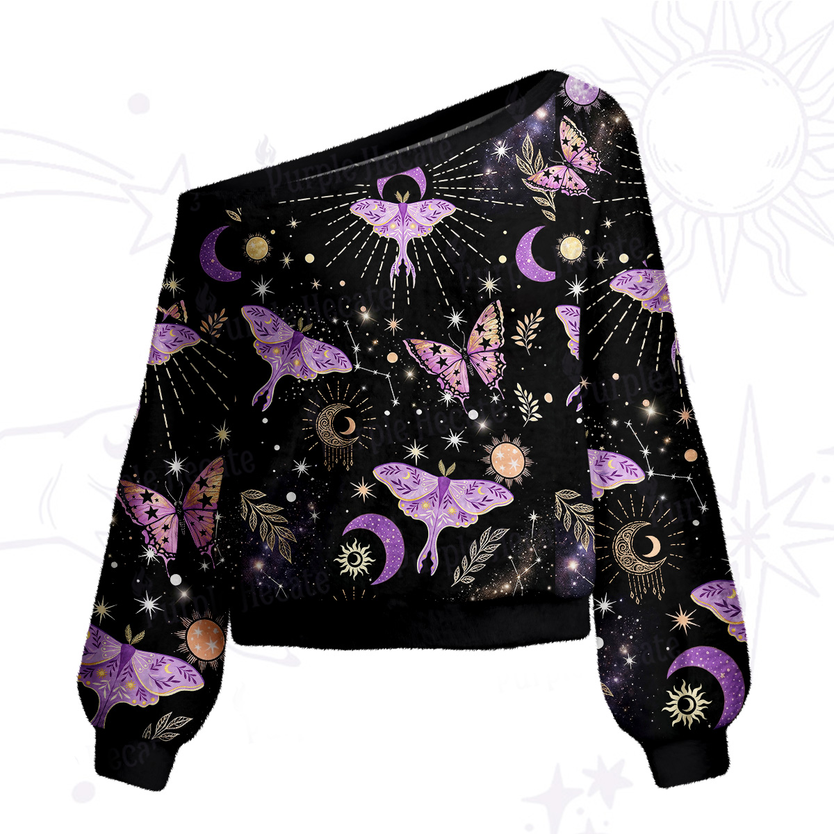 Purplehecate Starry Night Lunar Moth One Shoulder Sweaters