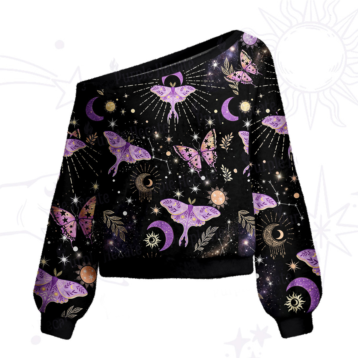 Purplehecate Starry Night Lunar Moth One Shoulder Sweaters