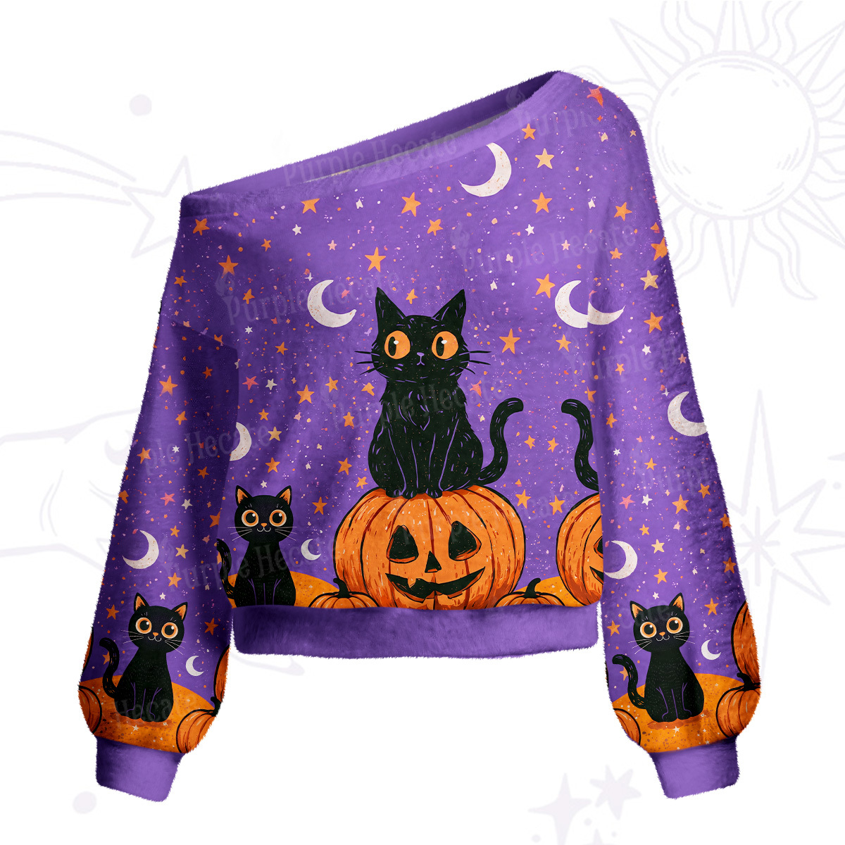 Purplehecate Halloween Black Cat Pumpkin One Shoulder Sweaters