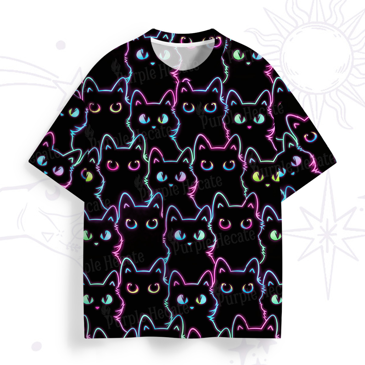 Purplehecate Neon Glow Stacked Cats All Over Print T-Shirt