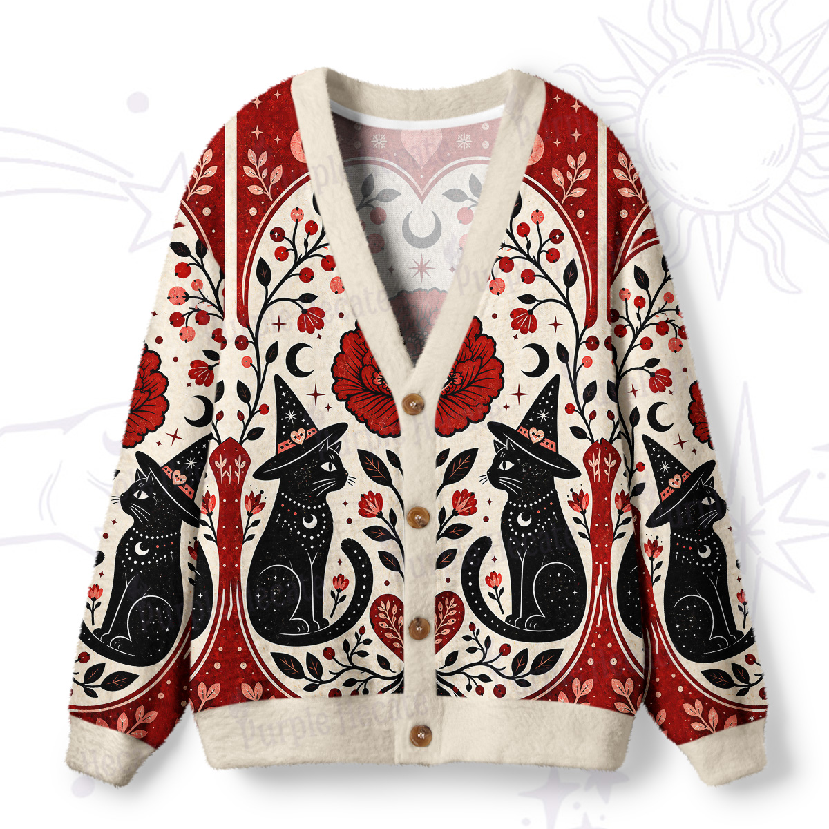 Purplehecate Sacred Cat Floral Ugly Cardigan Sweaters