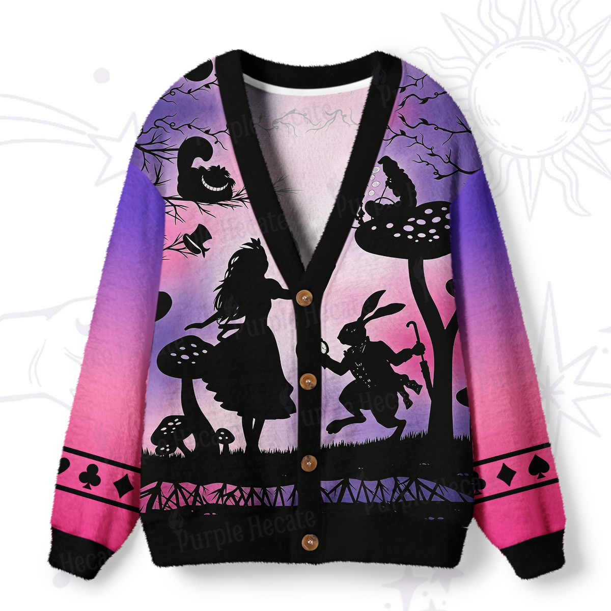 Purplehecate Whimsical Wonderland Mushroom Silhouette Ugly Cardigan Sweaters