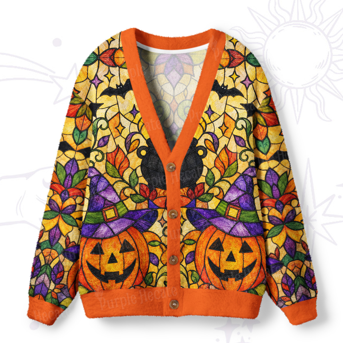 Purplehecate Jack-o'-Lantern Stained Glass Ugly Cardigan Sweaters