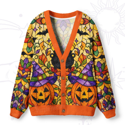 Purplehecate Jack-o'-Lantern Stained Glass Ugly Cardigan Sweaters