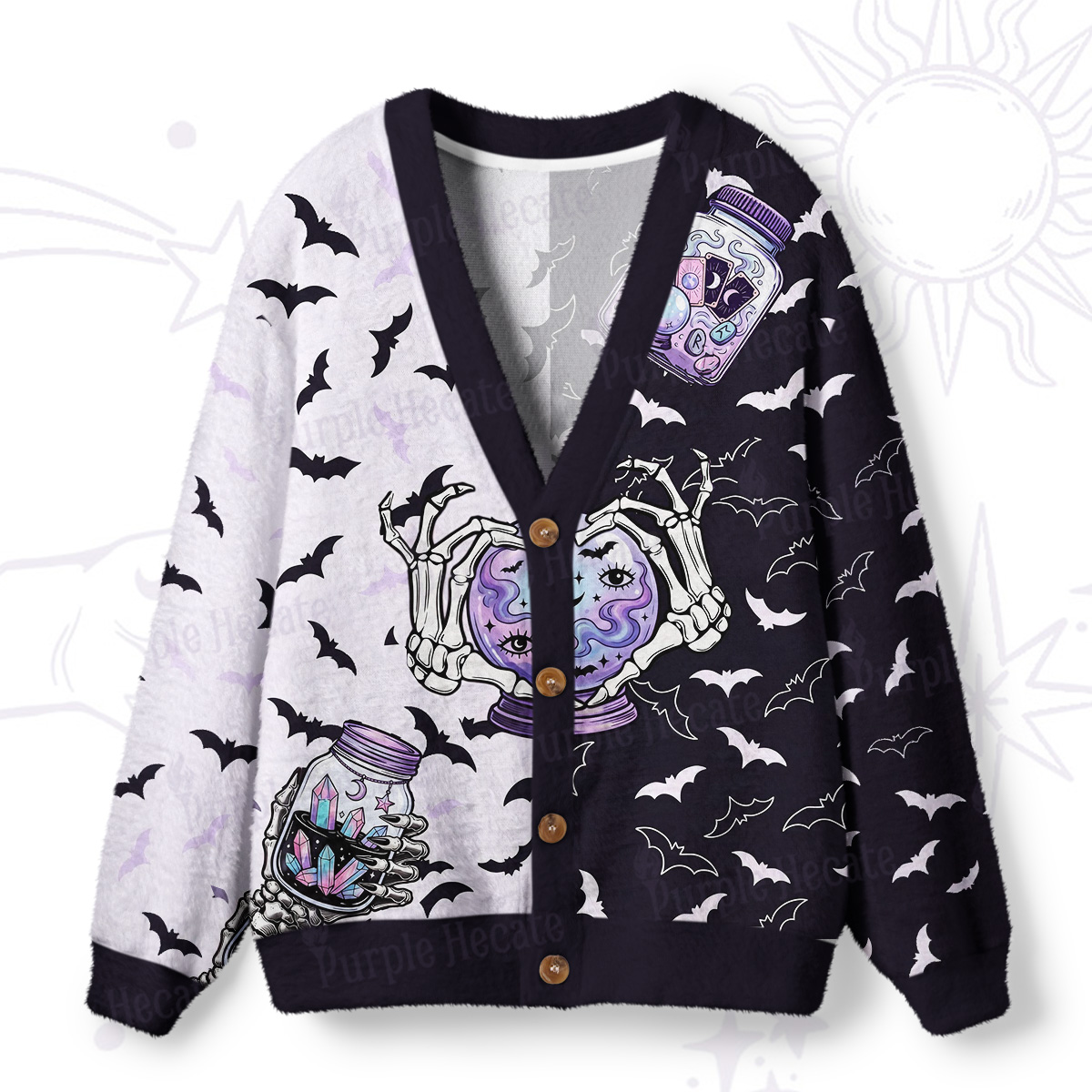 Purplehecate Spooky Potion Bats Ugly Cardigan Sweaters