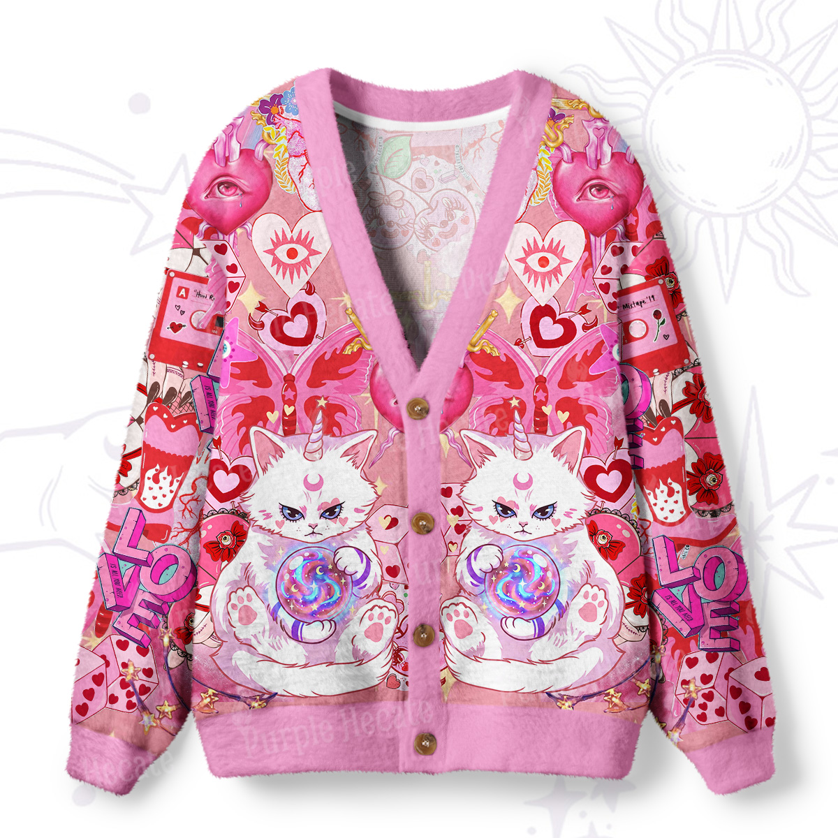 Purplehecate Pink Psychic Unicorn Cats Ugly Cardigan Sweaters