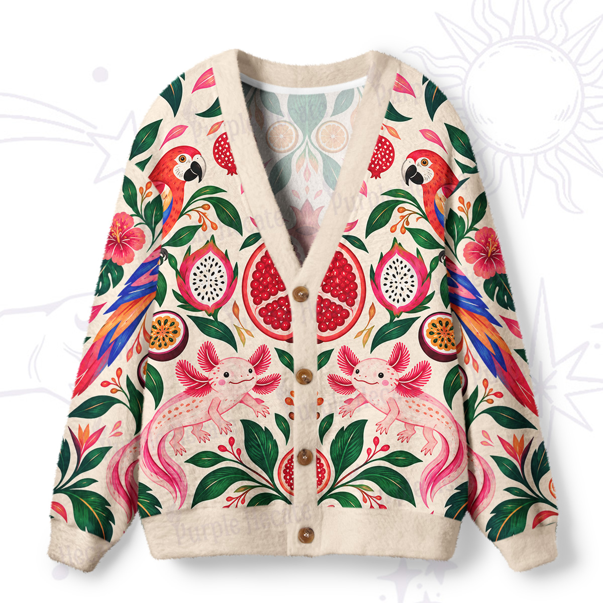Purplehecate Tropical Pomegranate Paradise Ugly Cardigan Sweaters