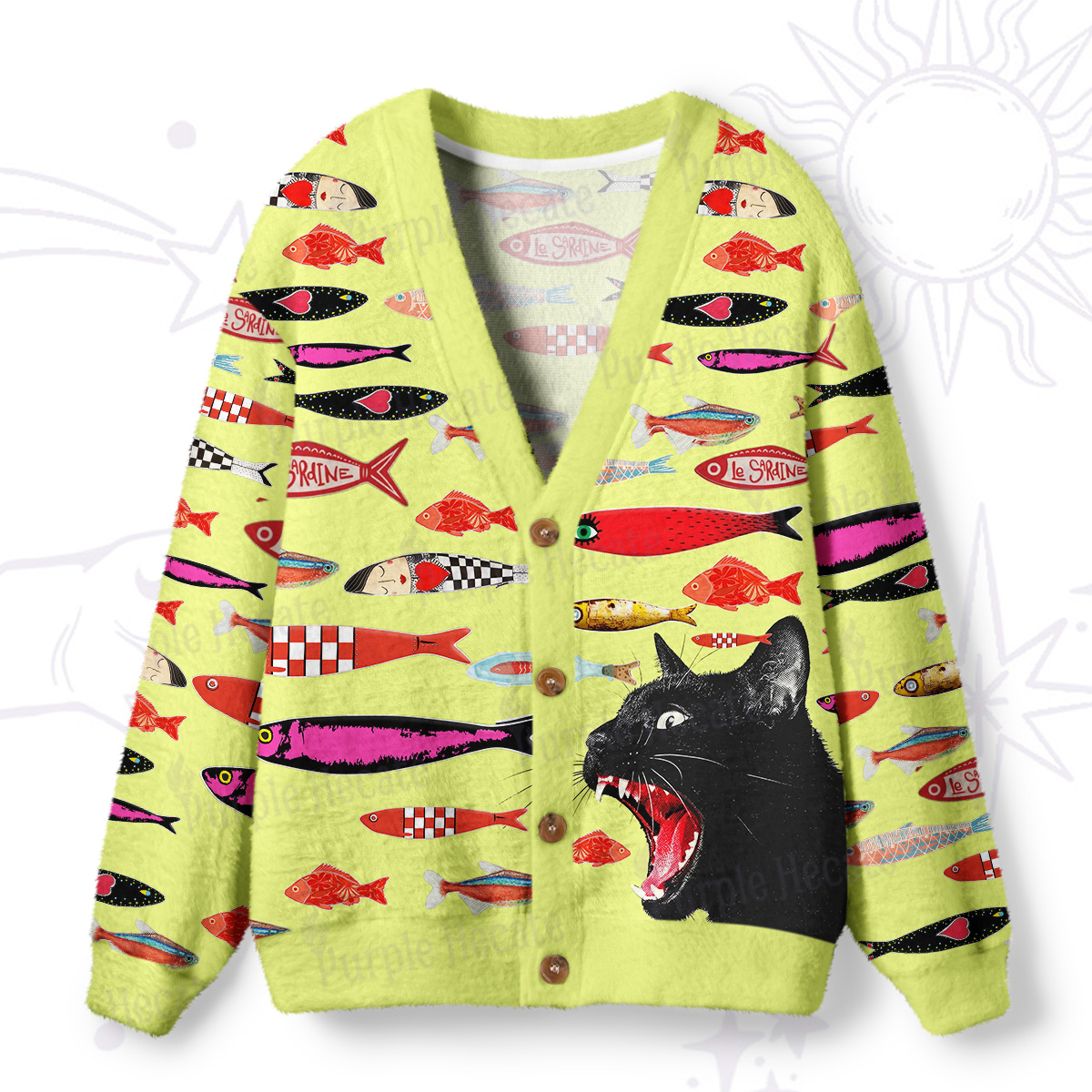 Purplehecate Mystic Black Cat Canned Fish Ugly Cardigan Sweaters