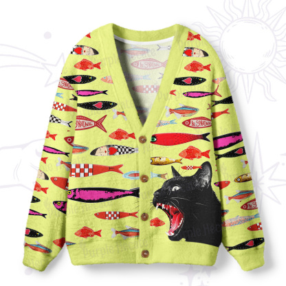 Purplehecate Mystic Black Cat Canned Fish Ugly Cardigan Sweaters