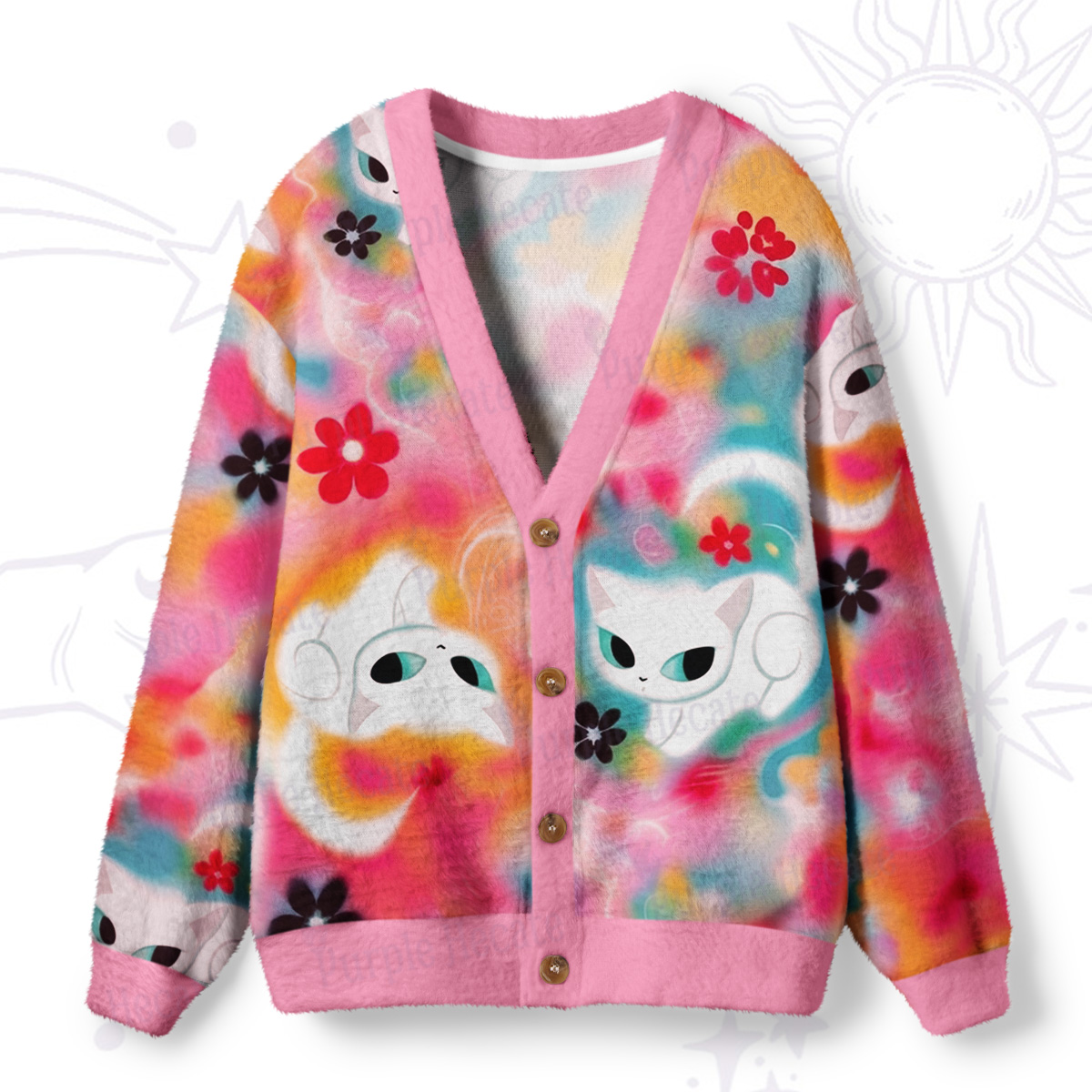 Purplehecate Color Splash Cat Ugly Cardigan Sweaters