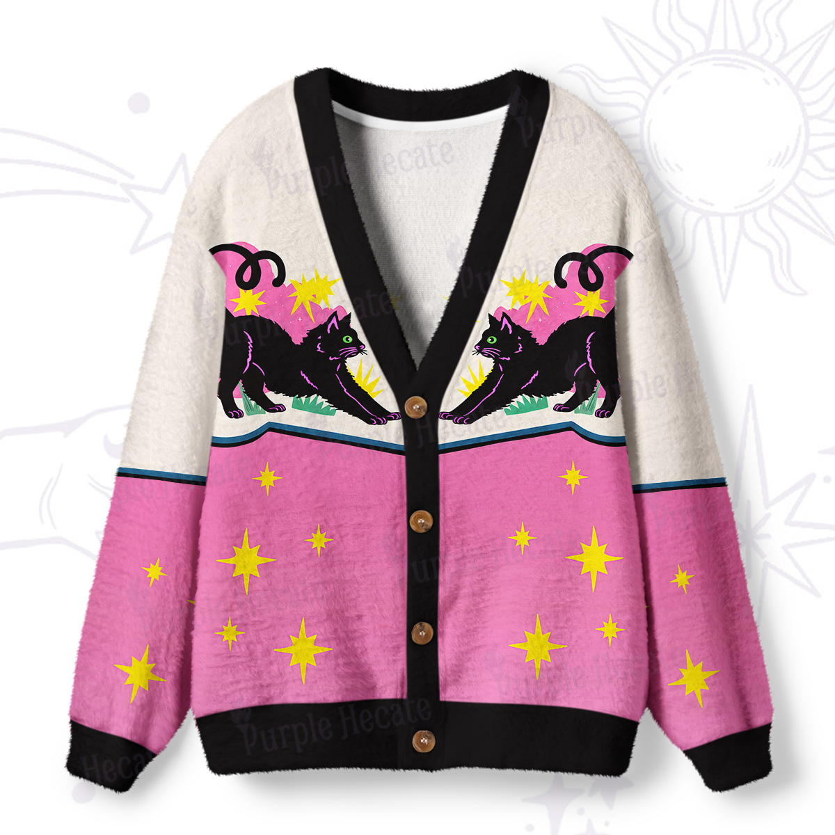 Purplehecate Pink Twin Black Black Starry Ugly Cardigan Sweaters