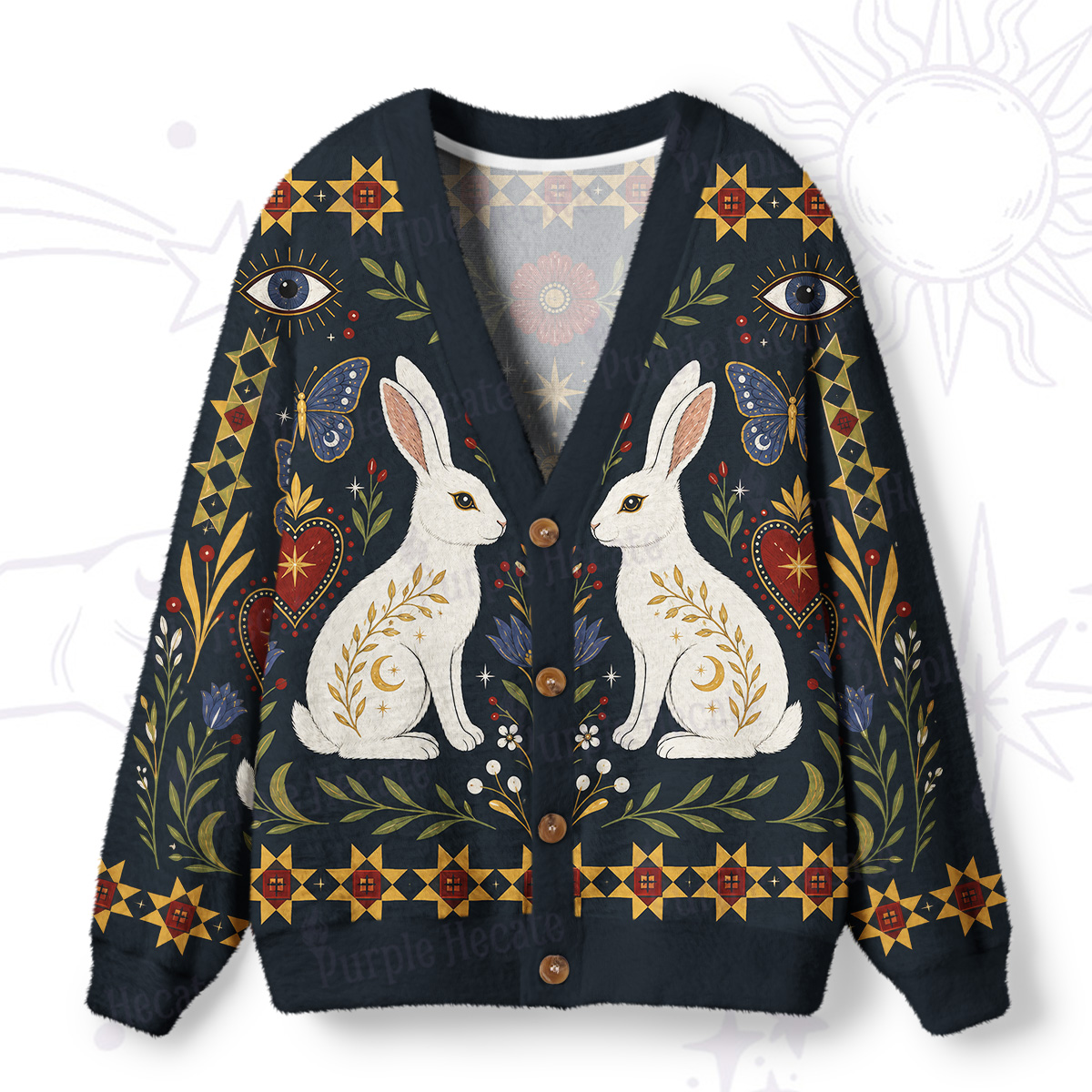 Purplehecate Folk Art Bunny Print Ugly Cardigan Sweaters