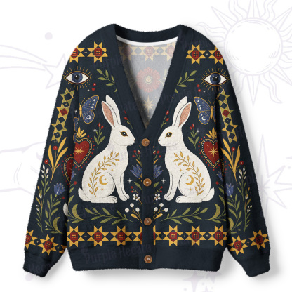 Purplehecate Folk Art Bunny Print Ugly Cardigan Sweaters