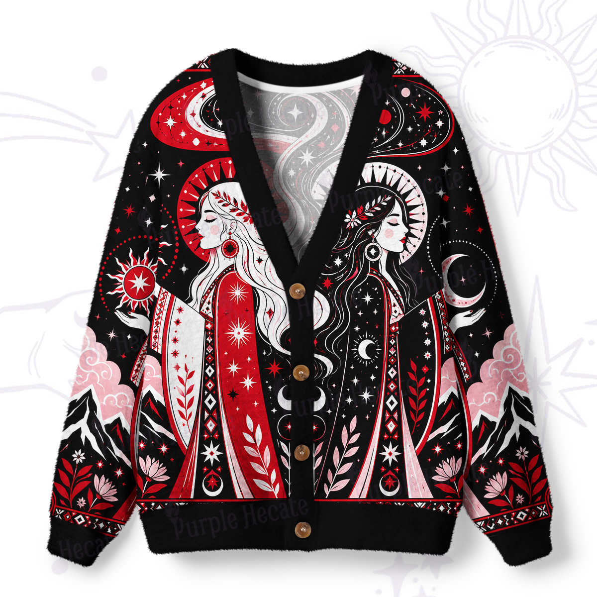 Purplehecate Day & Night Twin Goddess Ugly Cardigan Sweaters