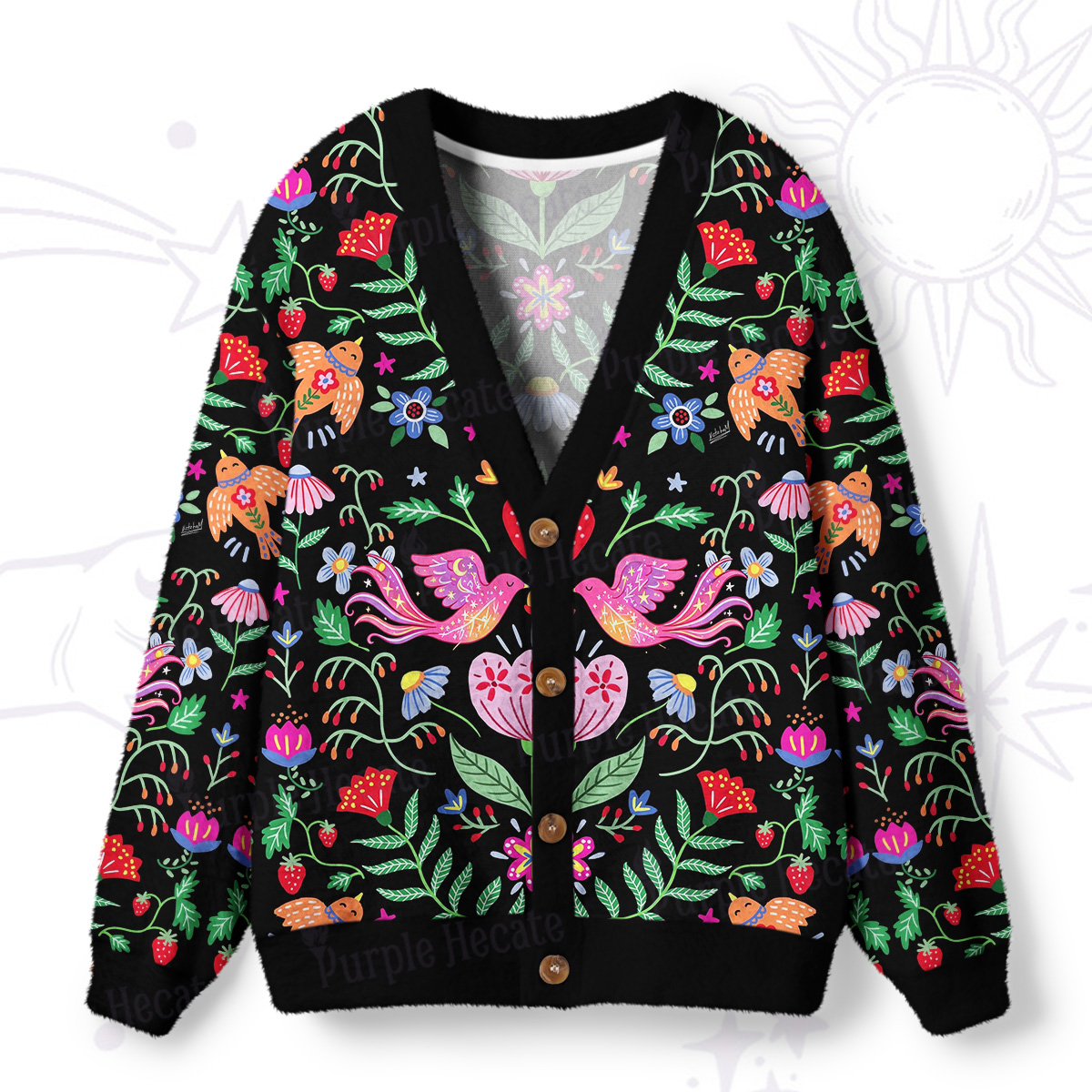 Purplehecate Mystic Forest Birds & Blooms Ugly Cardigan Sweaters