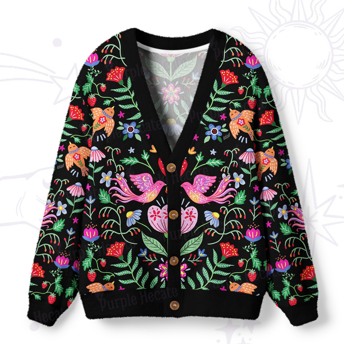 Purplehecate Mystic Forest Birds & Blooms Ugly Cardigan Sweaters