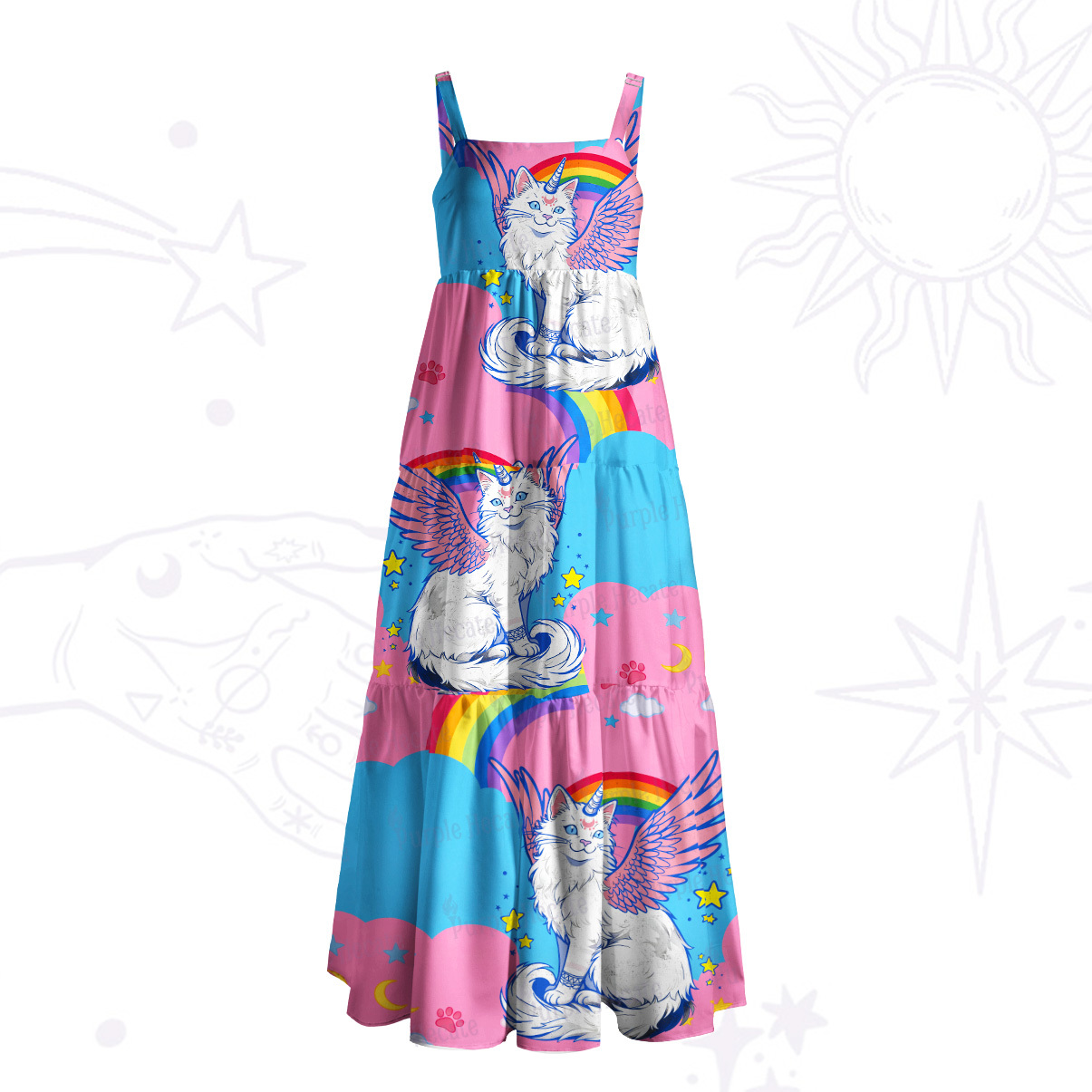 Purplehecate Fluffin Meowgical Wide Straps Maxi Dress