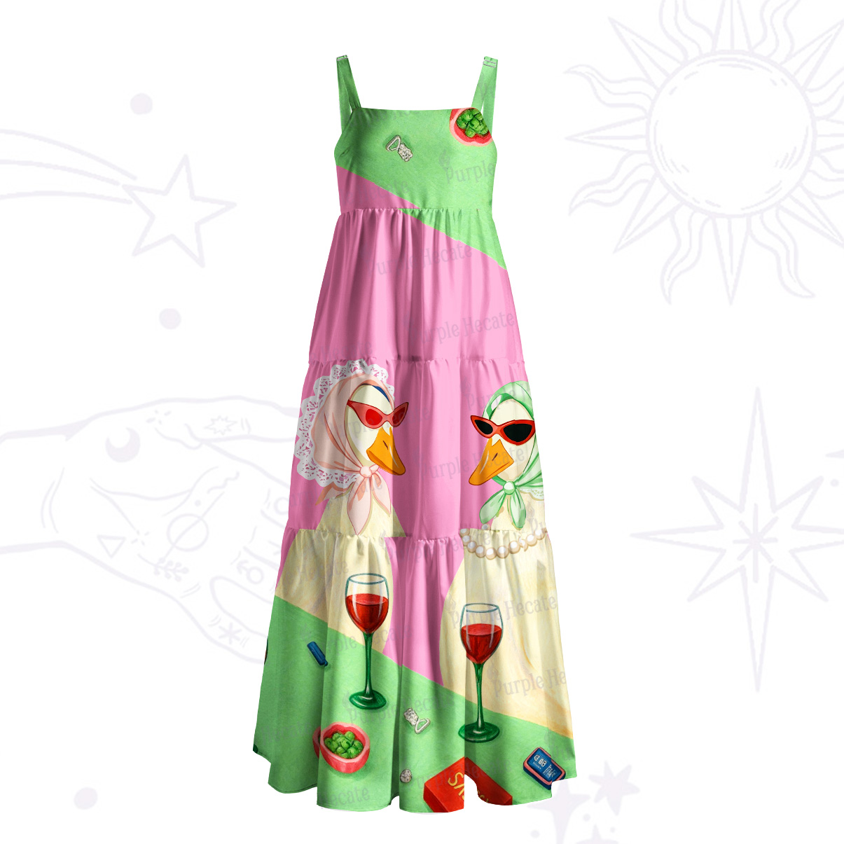 Purplehecate Tipsy Goose Wine Party Wide Straps Maxi Dress