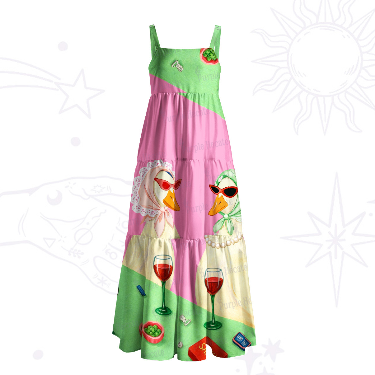 Purplehecate Tipsy Goose Wine Party Wide Straps Maxi Dress