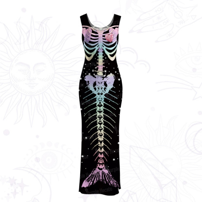 Purplehecate Spooky Skeleton Mesh Maxi Tank Beach Dress