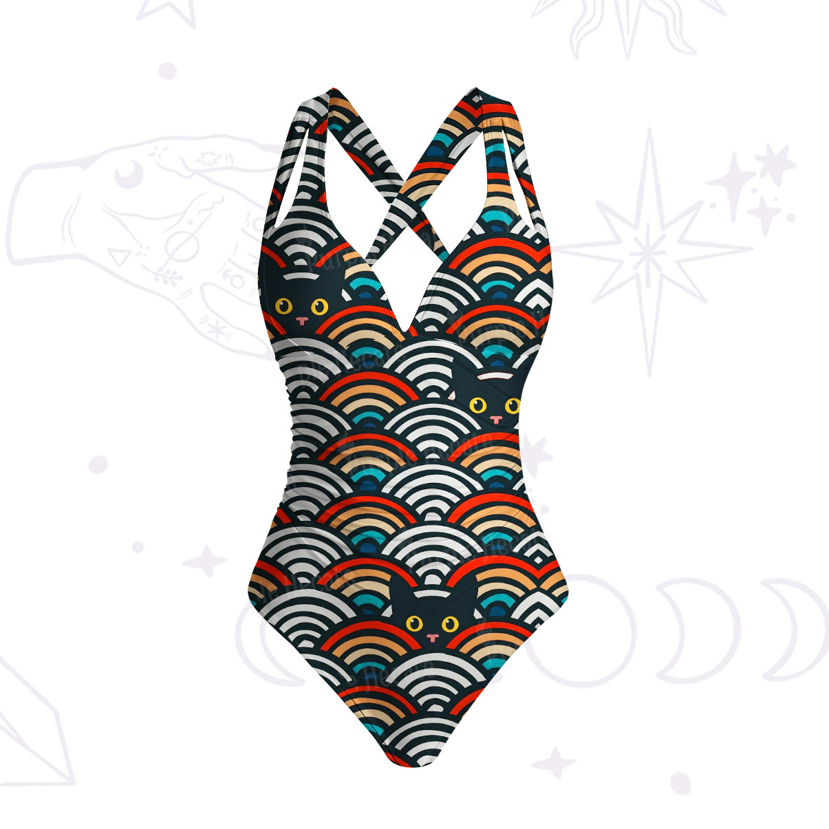 Purplehecate Rainbow Black Cat Waves One-Piece Swimsuit