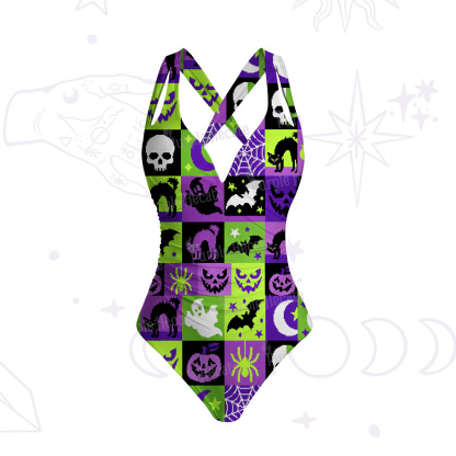 Purplehecate Spooky Patchwork Halloween One-Piece Swimsuit
