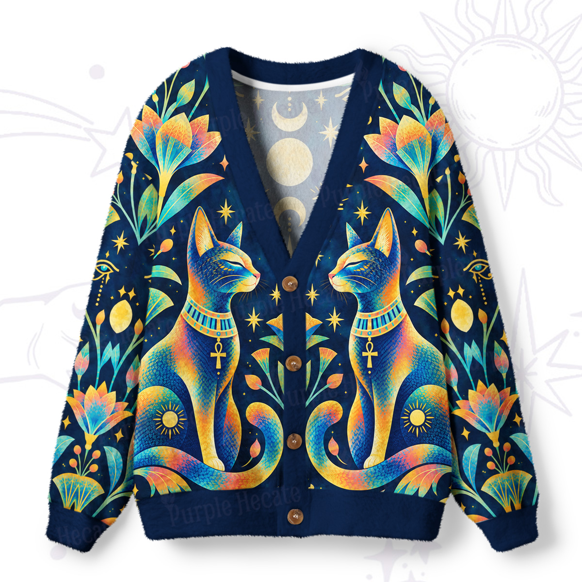 Purplehecate Temple of Moon Cats Ugly Cardigan Sweaters
