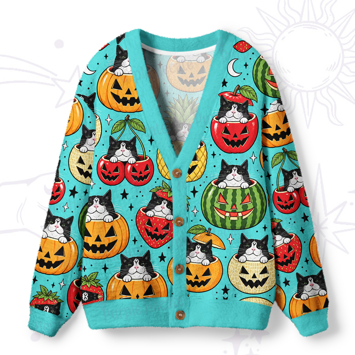 Purplehecate Meowlloween Pumpkins Ugly Cardigan Sweaters