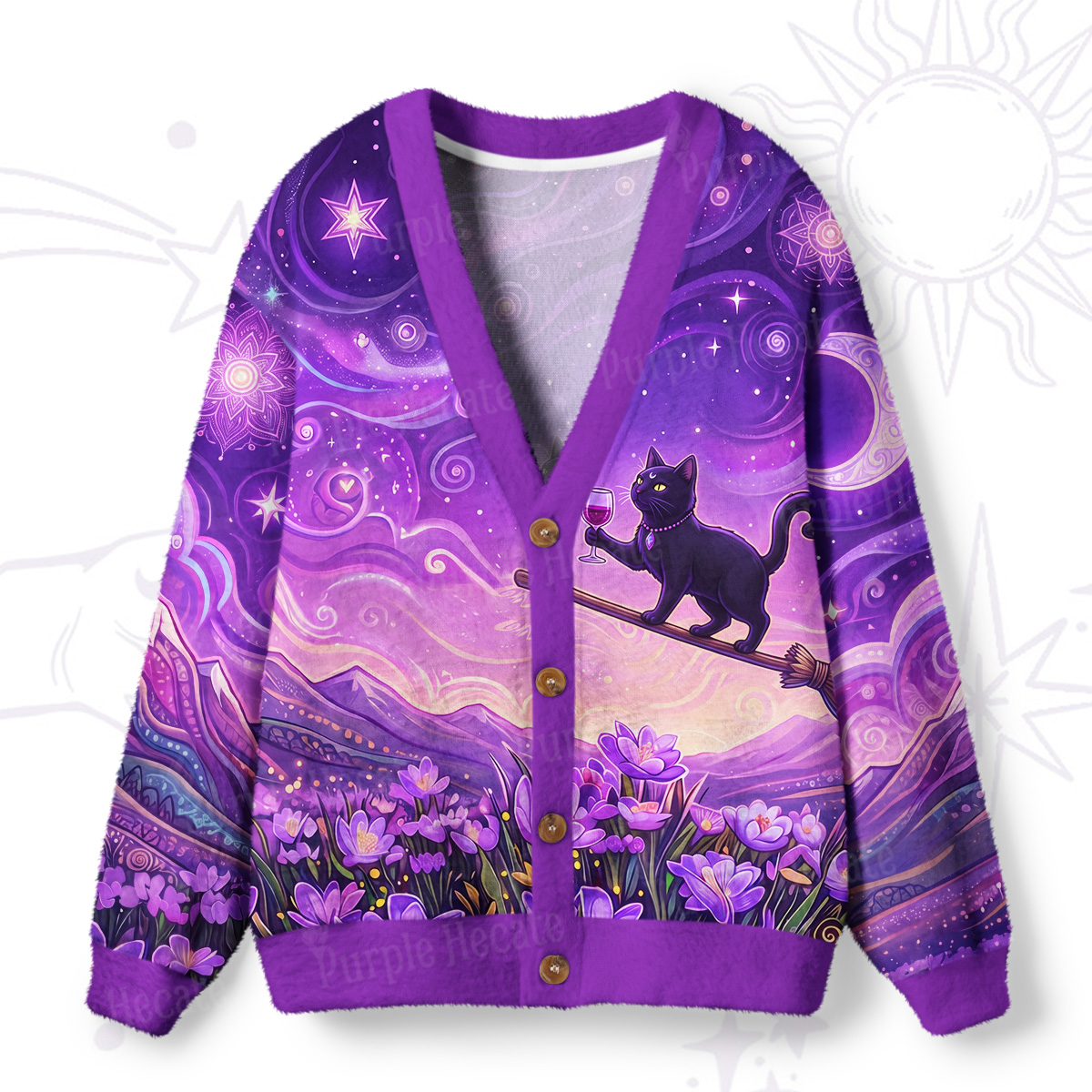 Purplehecate Magic Cat Starry Wine Ride Ugly Cardigan Sweaters
