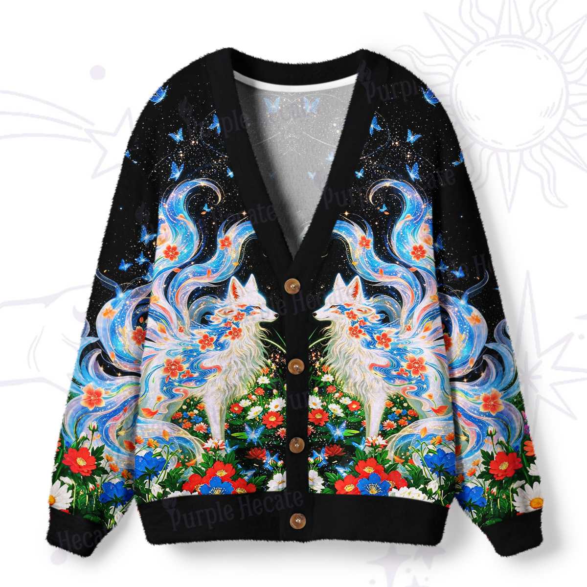 Purplehecate Celestial Spirit Fox Ugly Cardigan Sweaters