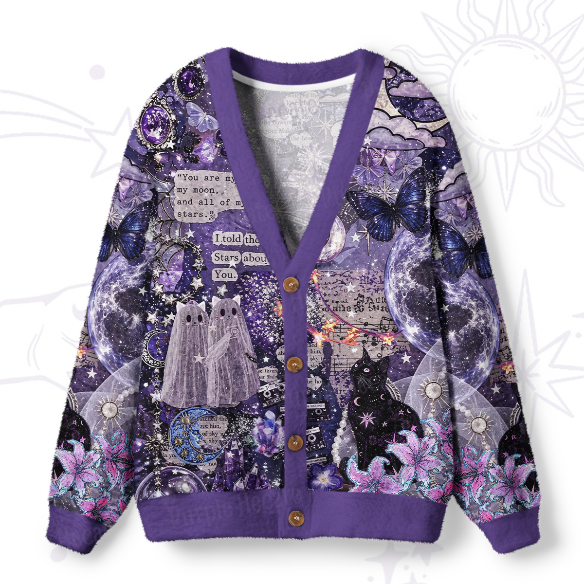 Purplehecate You Are My Moon Black Cat Ugly Cardigan Sweaters