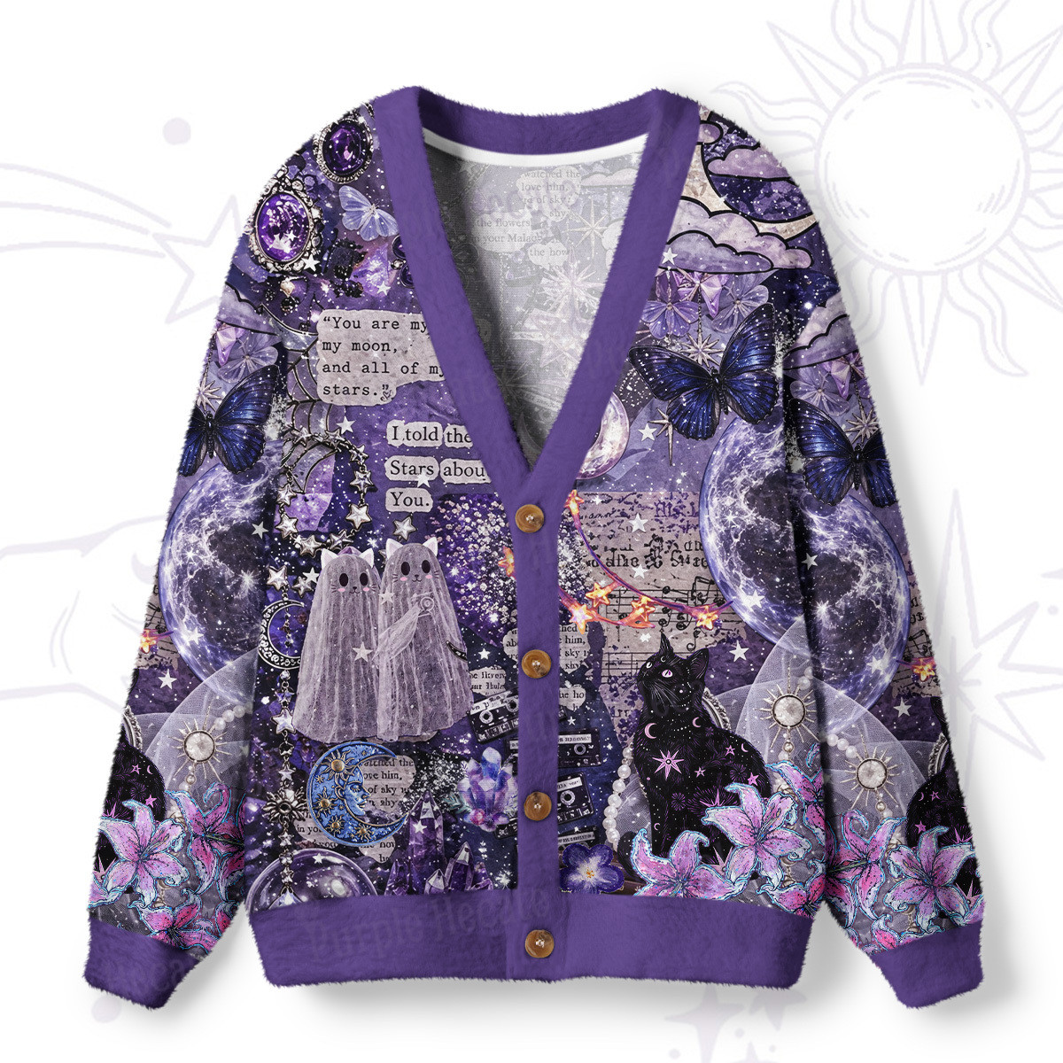 Purplehecate You Are My Moon Black Cat Ugly Cardigan Sweaters