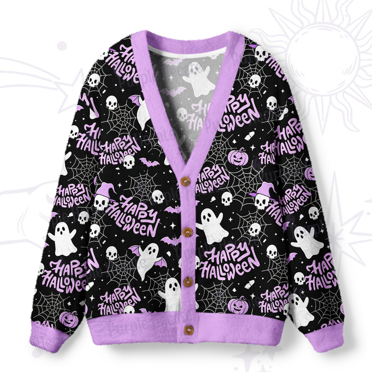Purplehecate Cute Ghost Happy Halloween Ugly Cardigan Sweaters
