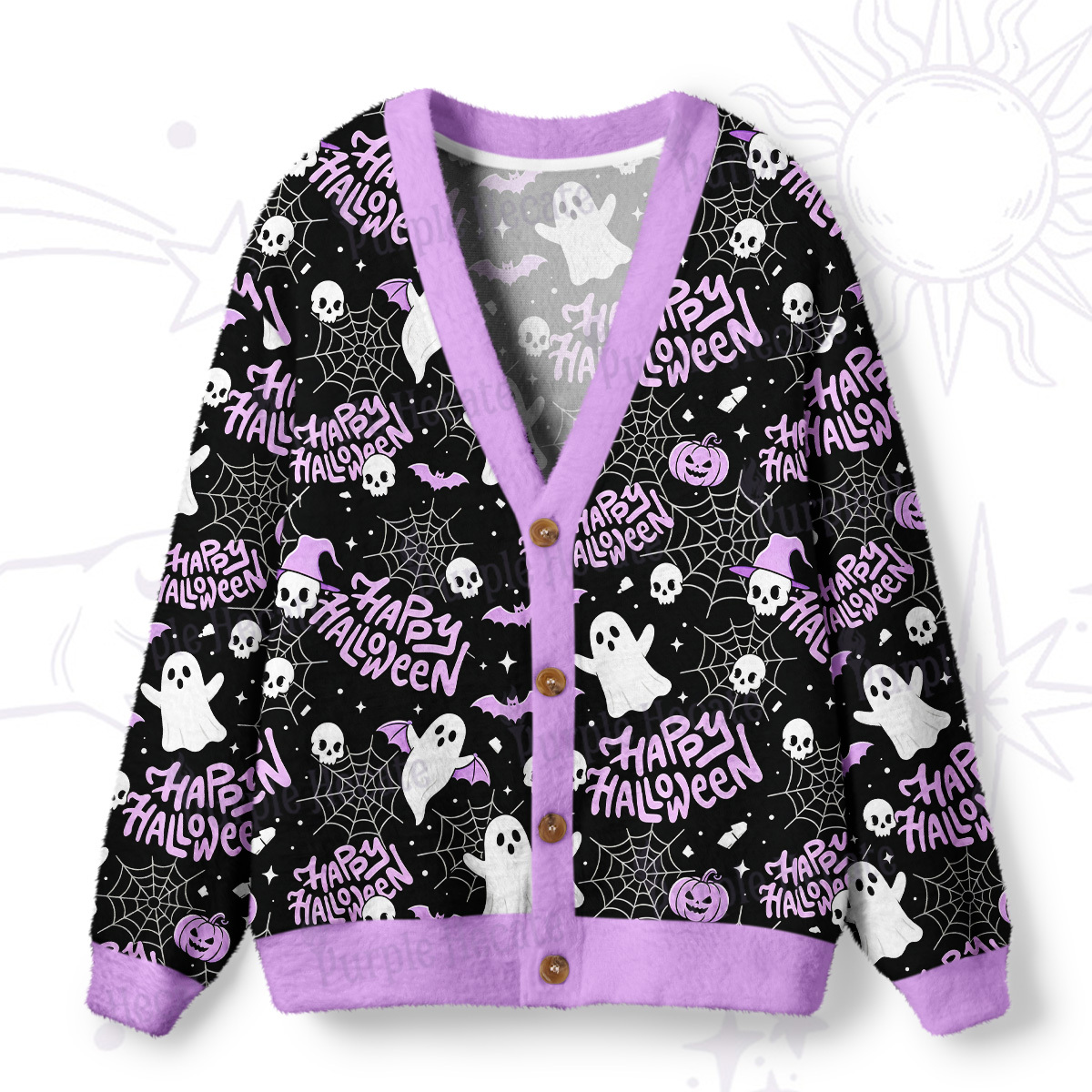 Purplehecate Cute Ghost Happy Halloween Ugly Cardigan Sweaters