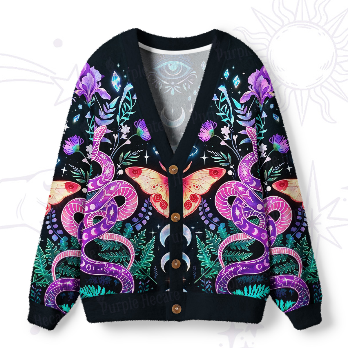 Purplehecate Moon Moth Witchery Ugly Cardigan Sweaters