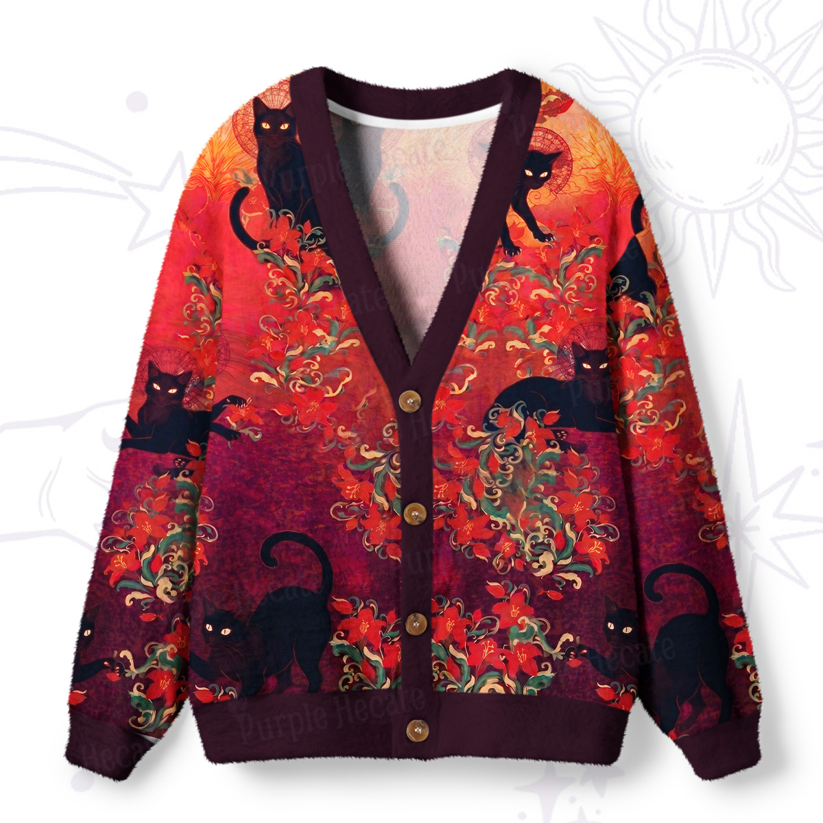 Purplehecate Blazing Jungle Night Cat Ugly Cardigan Sweaters