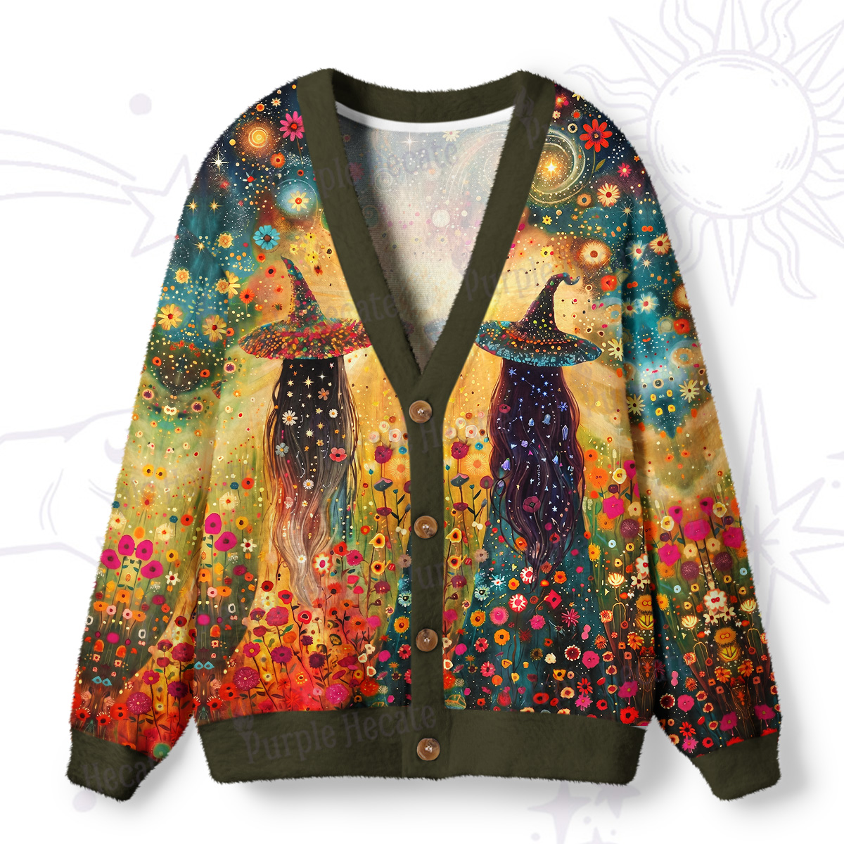 Purplehecate Starlit Flower Field Twin Witches Ugly Cardigan Sweaters