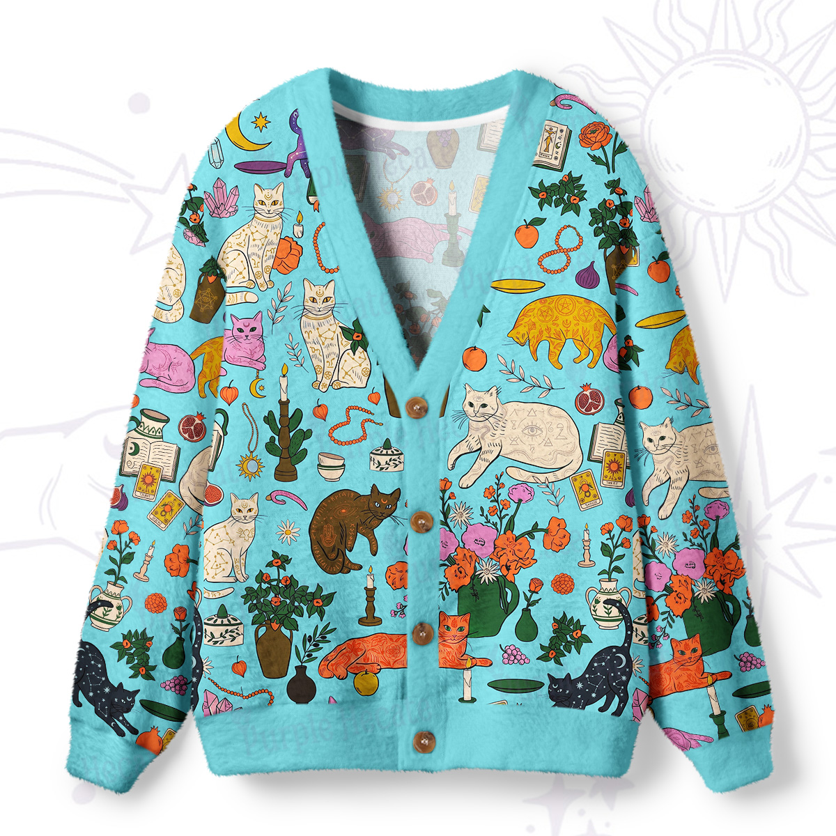 Purplehecate Lazy Cats in the Flower House Ugly Cardigan Sweaters