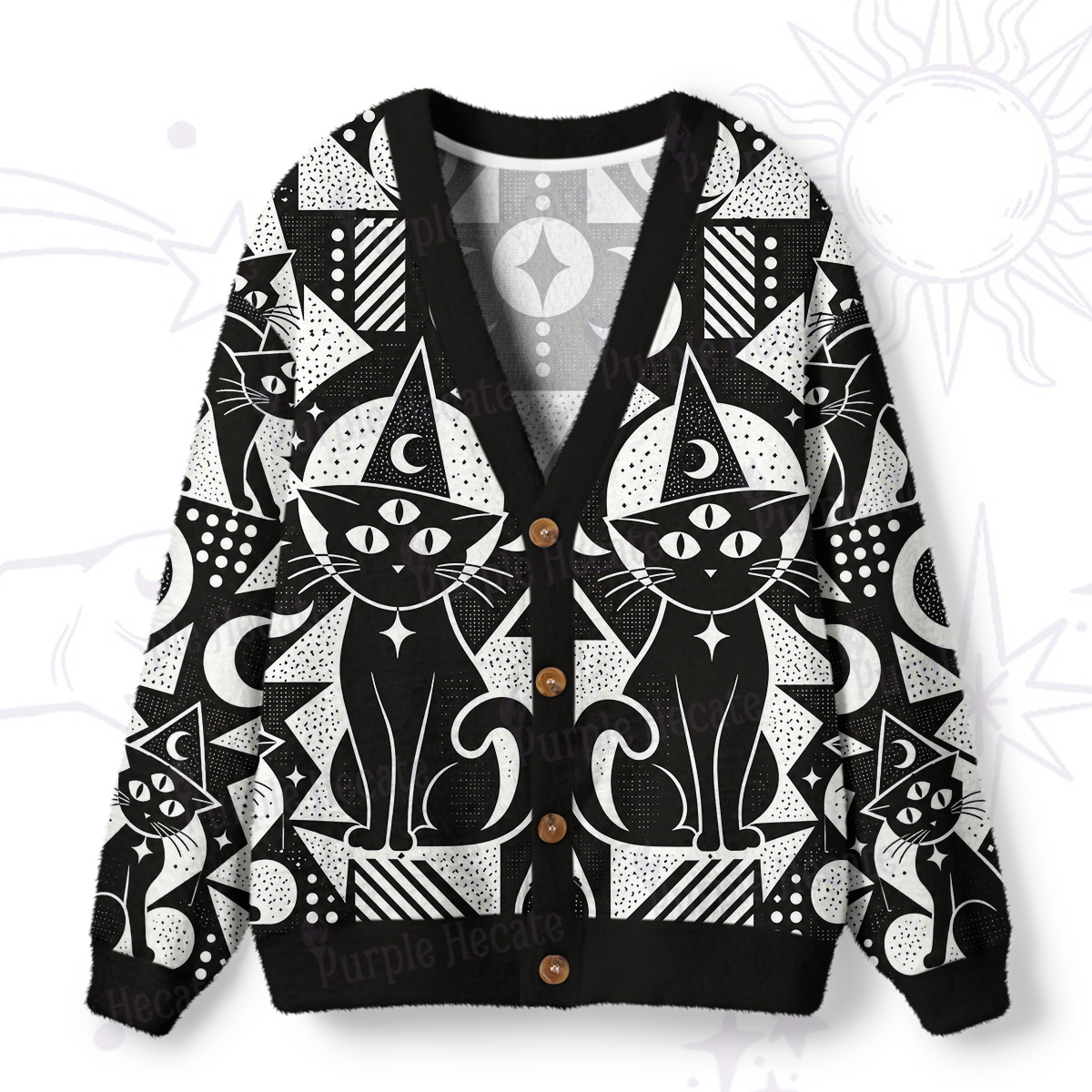 Purplehecate Celestial Geometric Cats Ugly Cardigan Sweaters