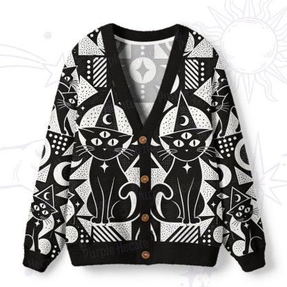 Purplehecate Celestial Geometric Cats Ugly Cardigan Sweaters