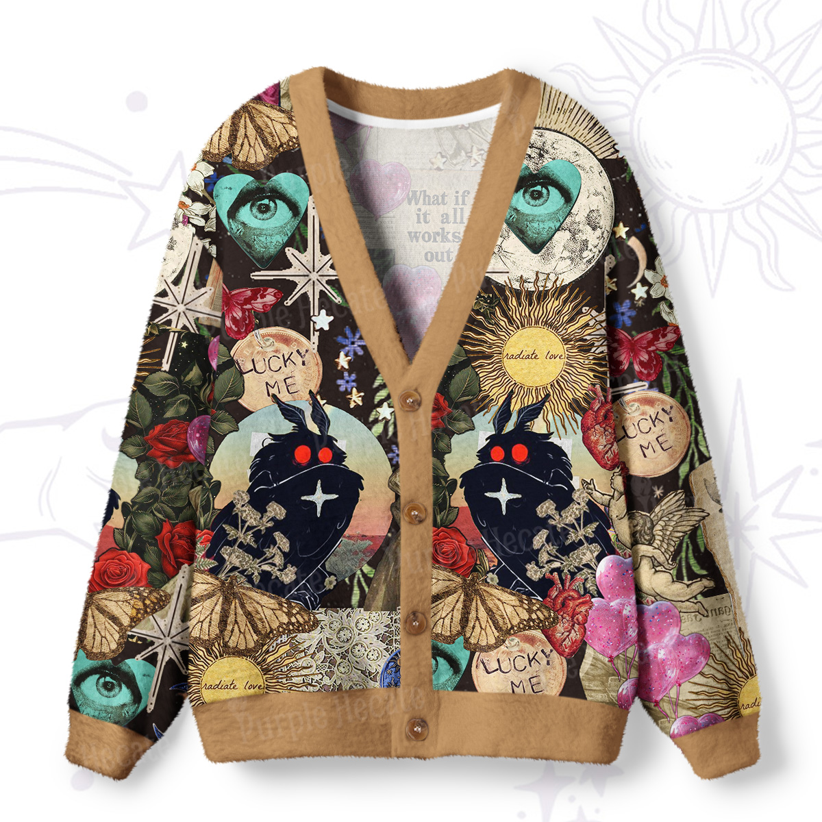 Purplehecate Cryptid Mothman Vintage Collage Ugly Cardigan Sweaters