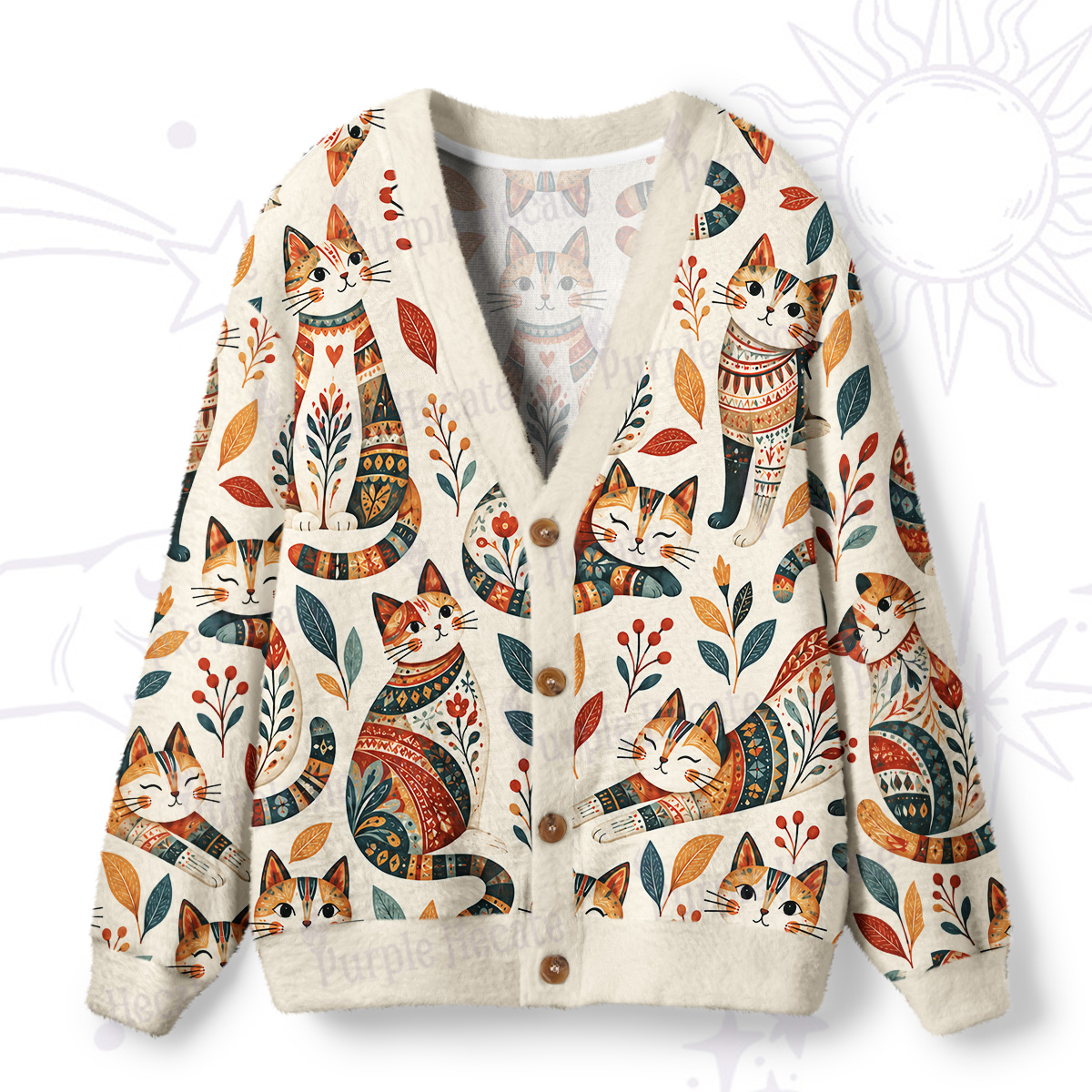 Purplehecate Playful Botanical Folk Art Cat Ugly Cardigan Sweaters