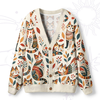 Purplehecate Playful Botanical Folk Art Cat Ugly Cardigan Sweaters