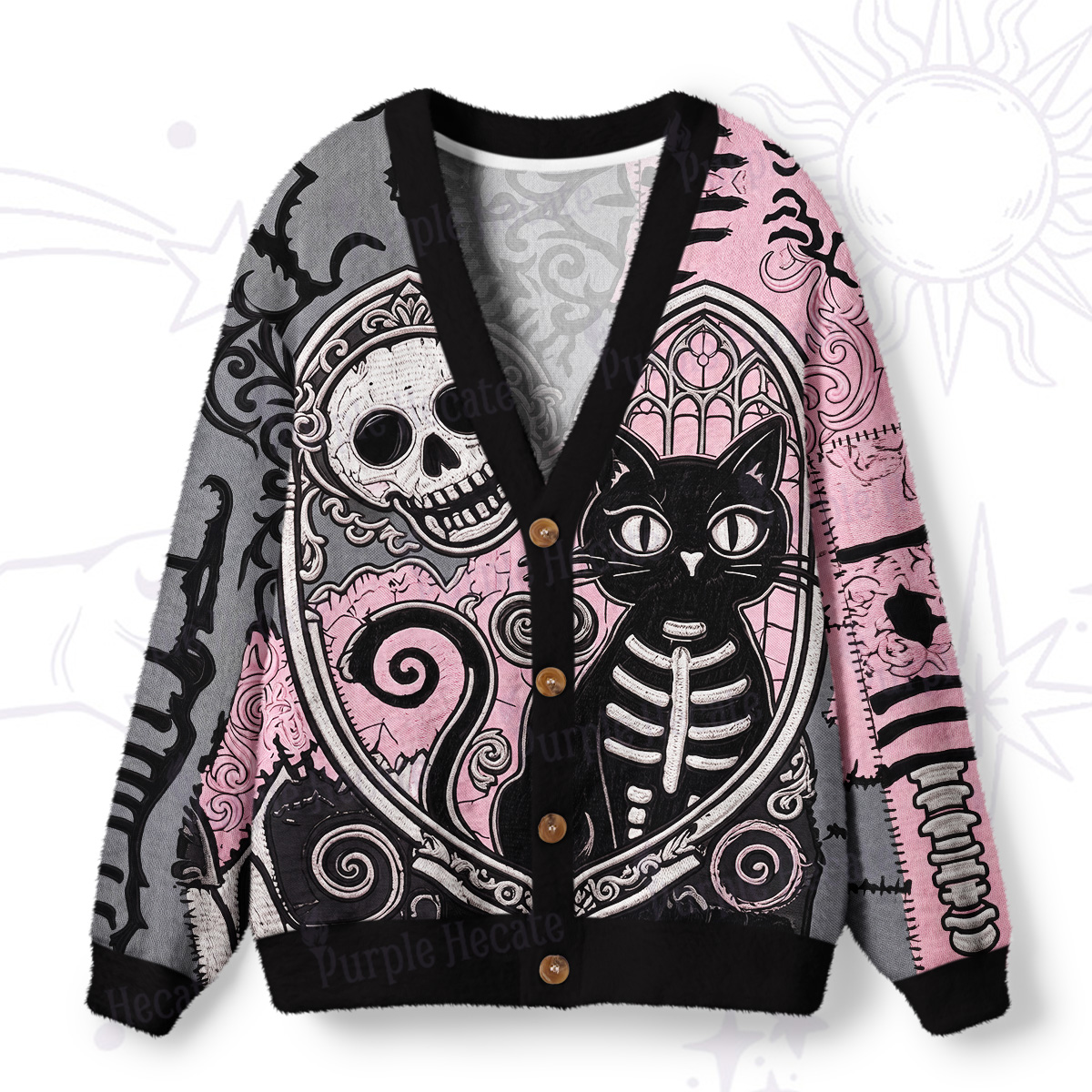 Purplehecate Gothic Skeleton Cat Ugly Cardigan Sweaters