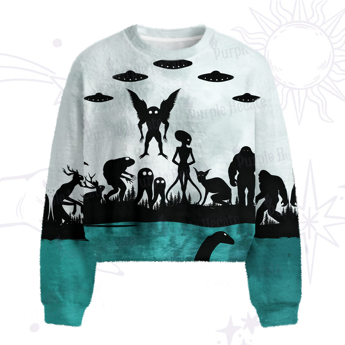 Purplehecate Alien Lake Monster Encounter Fuzzy Crewneck Sweater