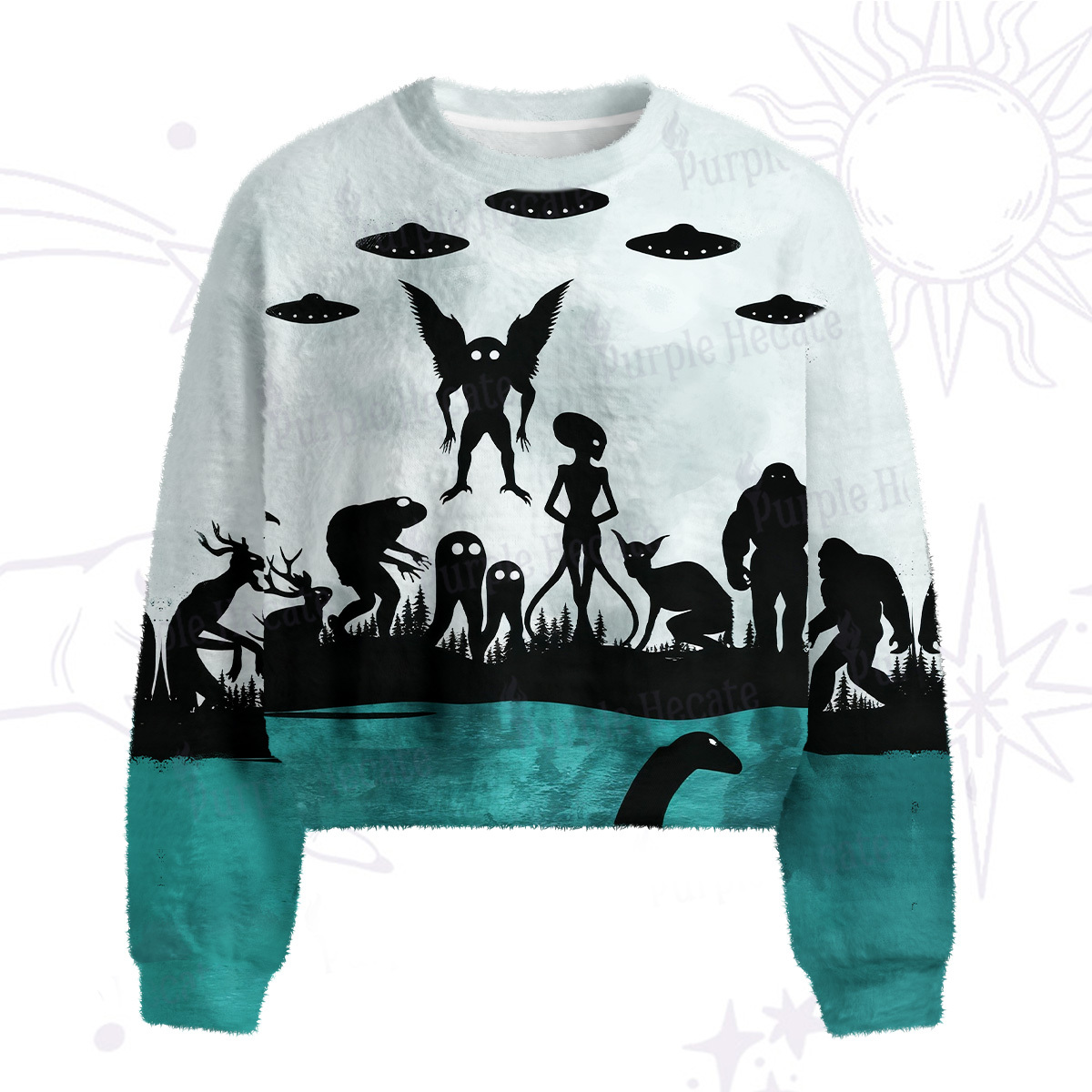Purplehecate Alien Lake Monster Encounter Fuzzy Crewneck Sweater